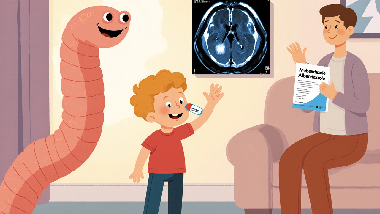 Child taking a simple deworming pill as a tapeworm departs happily, with generic medication in background.