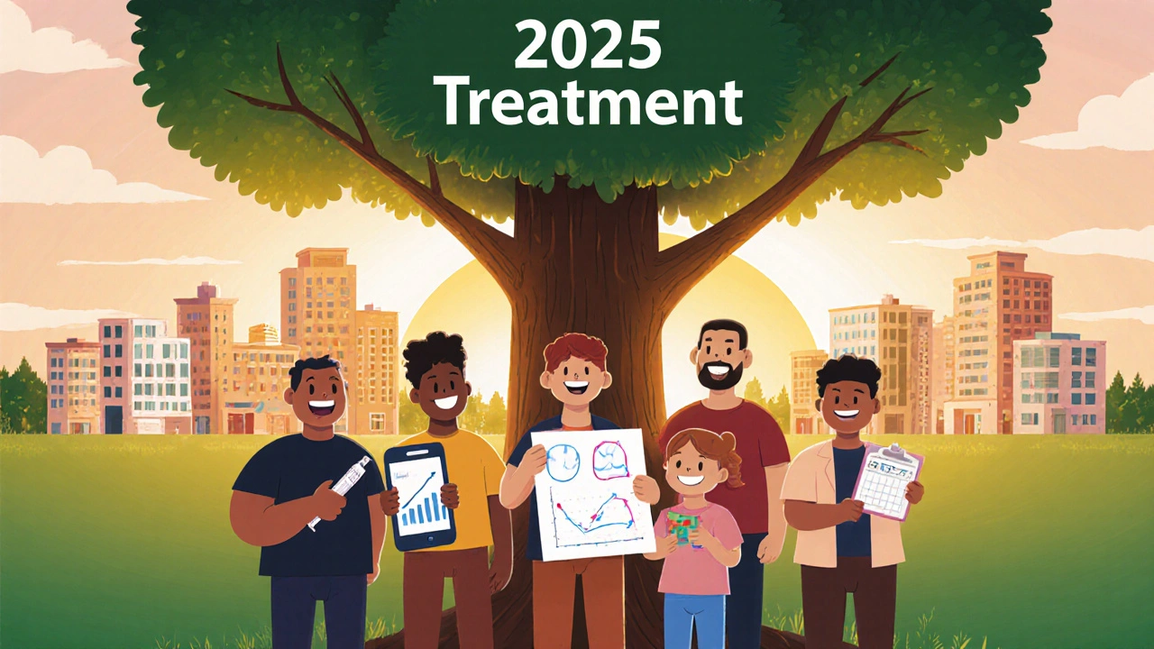 Diverse people with medications and apps under a tree, symbolizing hope and new treatments.