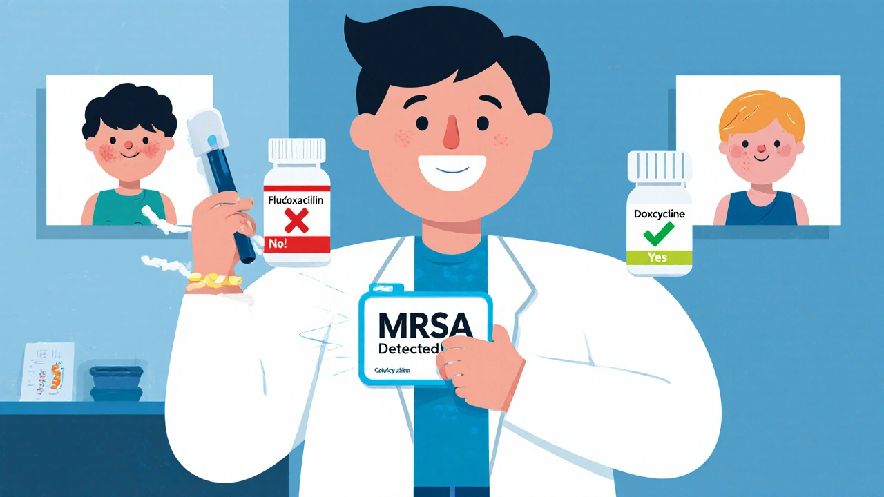 Doctor using rapid DNA test to detect MRSA, comparing two antibiotic options