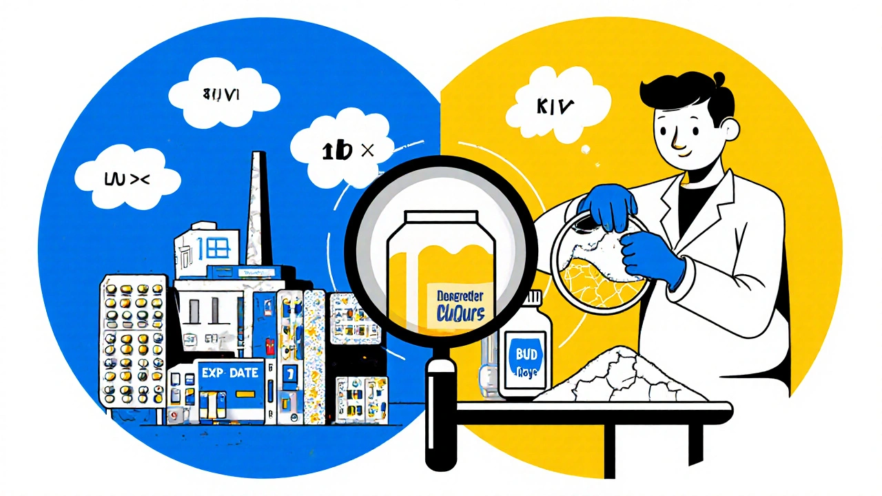 Factory-sealed pills vs. pharmacy-compounded liquid with labeled expiration dates.
