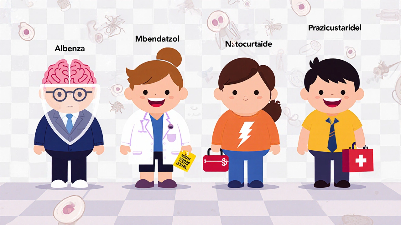 Four medicine characters with unique tools comparing effectiveness against parasitic infections.