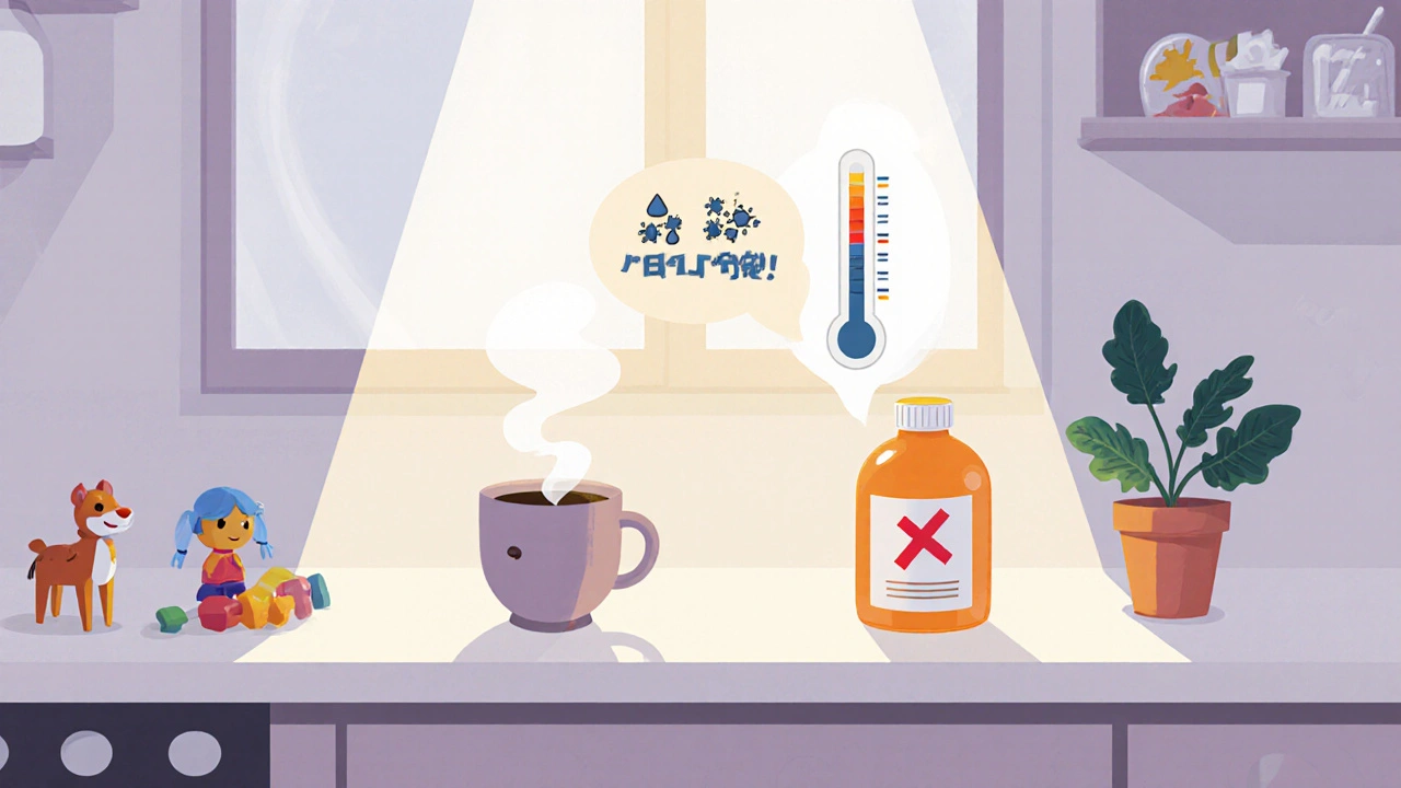 Medication left on a sunny kitchen counter with heat and humidity warnings.