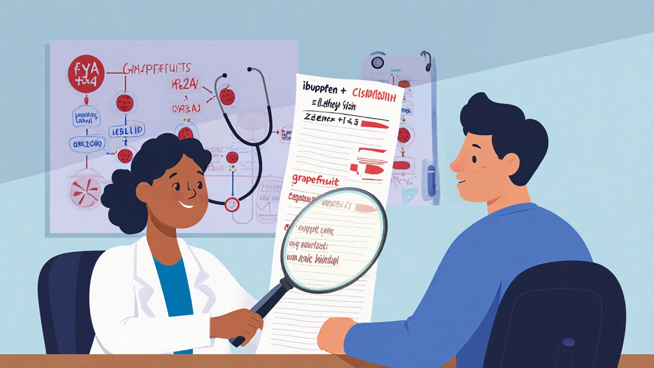 Oncology pharmacist reviewing medication list with patient under a glowing magnifying glass.