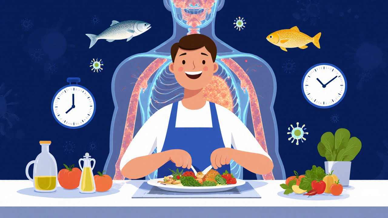 Person eating healthy meal with glowing immune system and biologic icons.