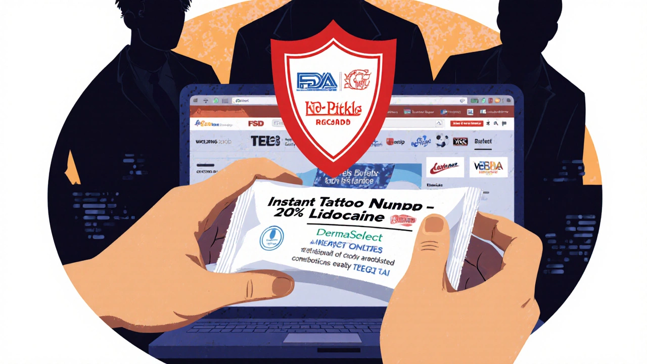 Person receiving illegal lidocaine product online with FDA warning shield above.