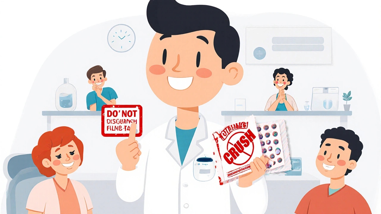 Pharmacist showing safe medication alternatives: liquid, dissolvable tablet, and patch, with warning label visible.