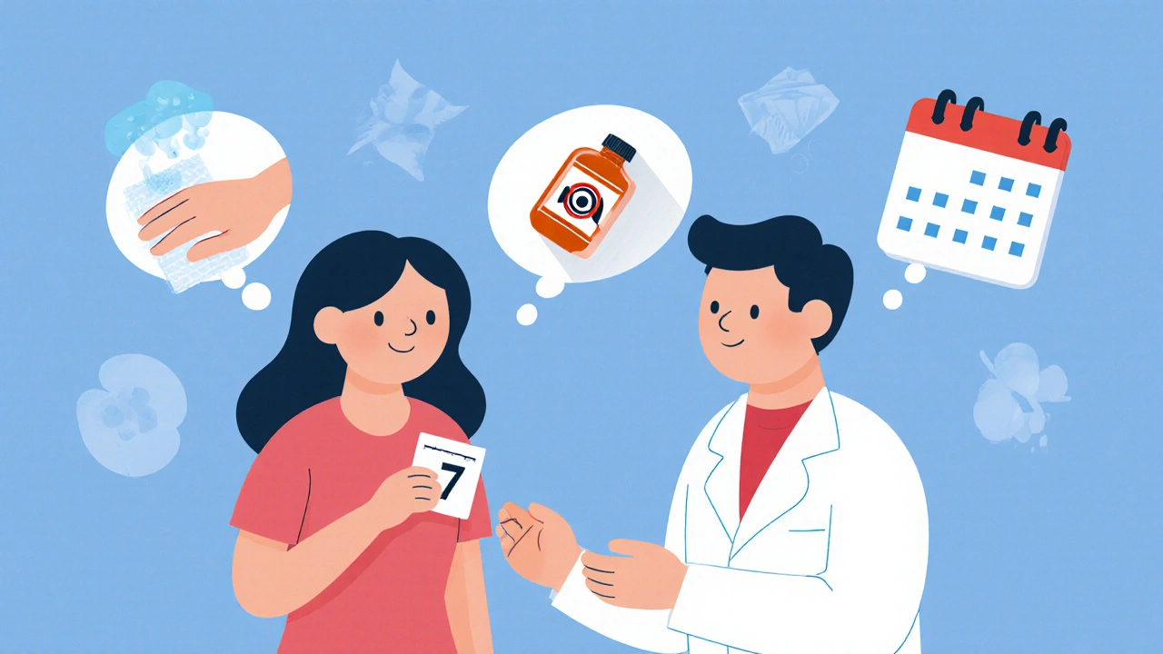 Pharmacist teaching safe topical pain reliever use with safety icons around them.
