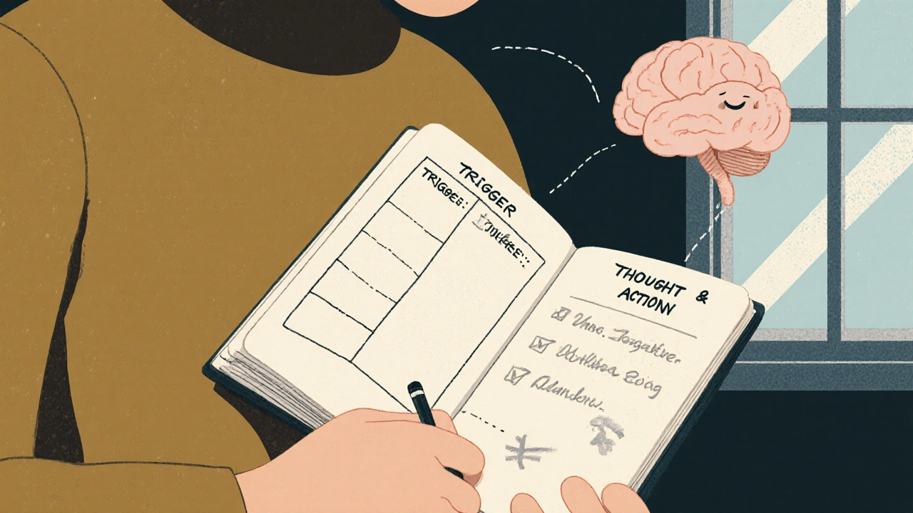 Someone journaling pain triggers, thoughts, and actions in a calm, sunlit room.