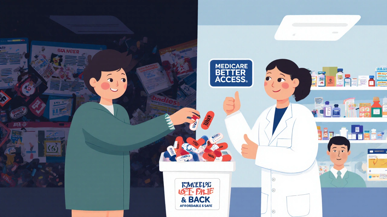 Someone safely disposing of fake pills at a pharmacy, with a contrast between dangerous online scams and safe healthcare options.