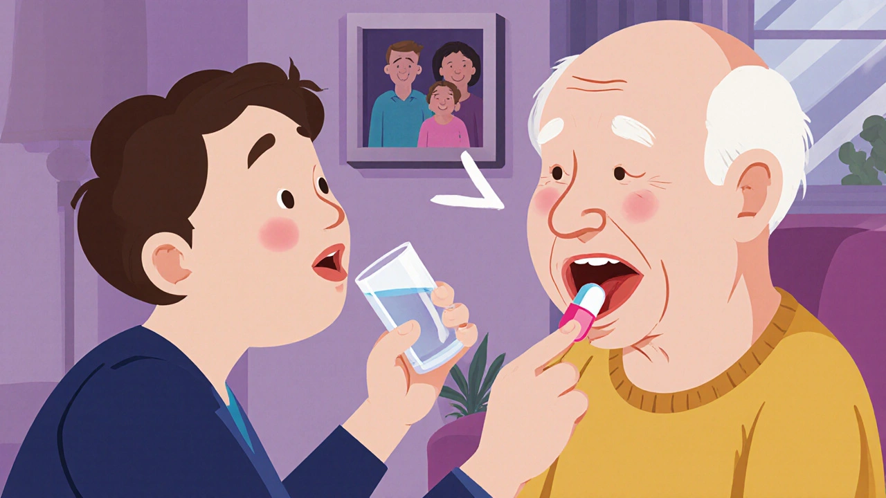 Speech therapist demonstrating the lean forward technique to help swallow a pill safely at home.