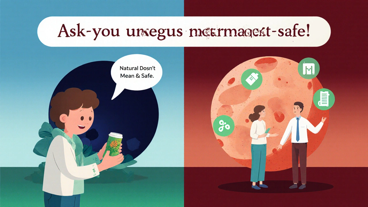 Split scene: patient taking herbs vs. sharing meds with care team — tumor shrinks with safe choices.