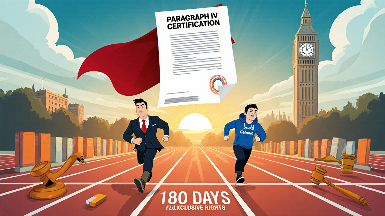 Two companies race toward a finish line for 180 days of exclusive generic rights, with legal documents as a cape.