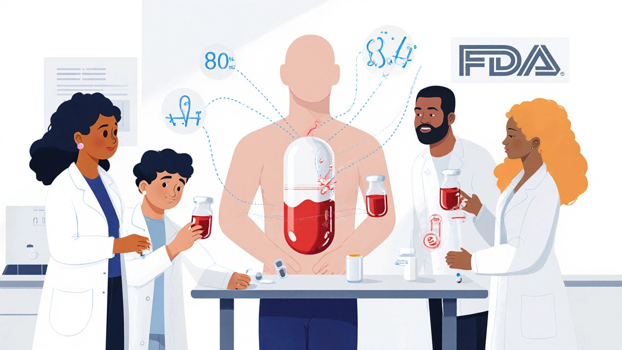 Volunteers in lab with animated drug absorption curves in body