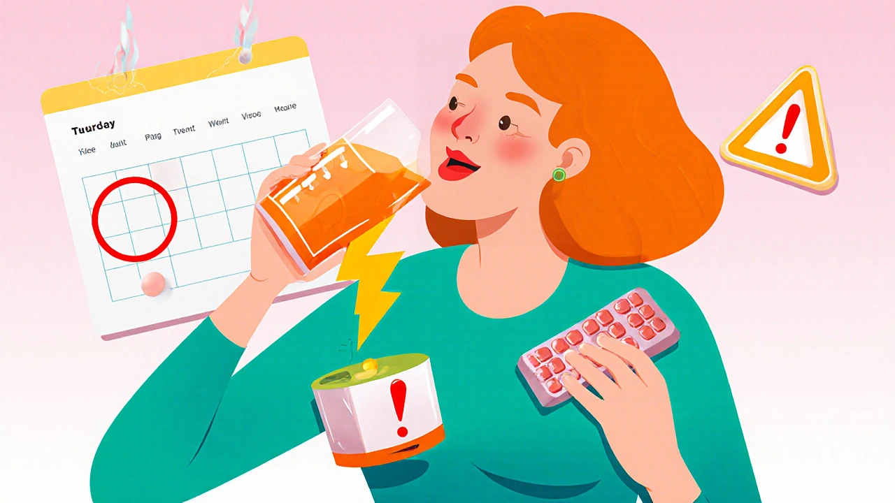 Woman drinking grapefruit juice while birth control pill glows with dangerous estrogen spikes