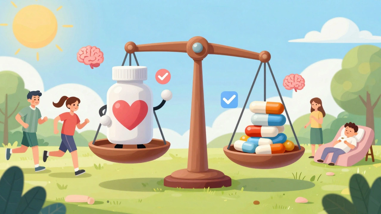 A balanced scale showing brand and generic drugs equally effective, with happy patients in the background.