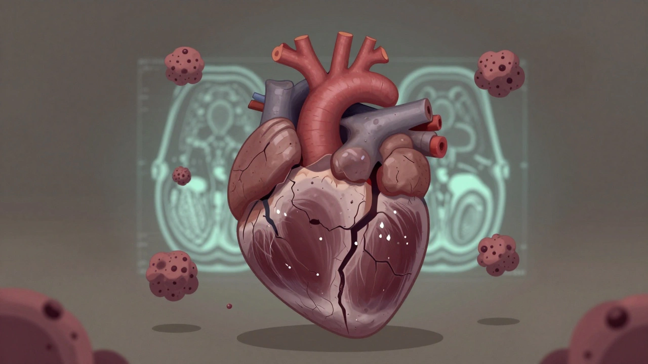 A brittle, cracked heart with amyloid deposits and iron atoms, representing restrictive cardiomyopathy.