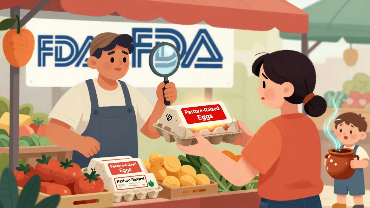 A customer at a farmers' market examines eggs with a recall label, while a toddler holds a lead-contaminated pot.