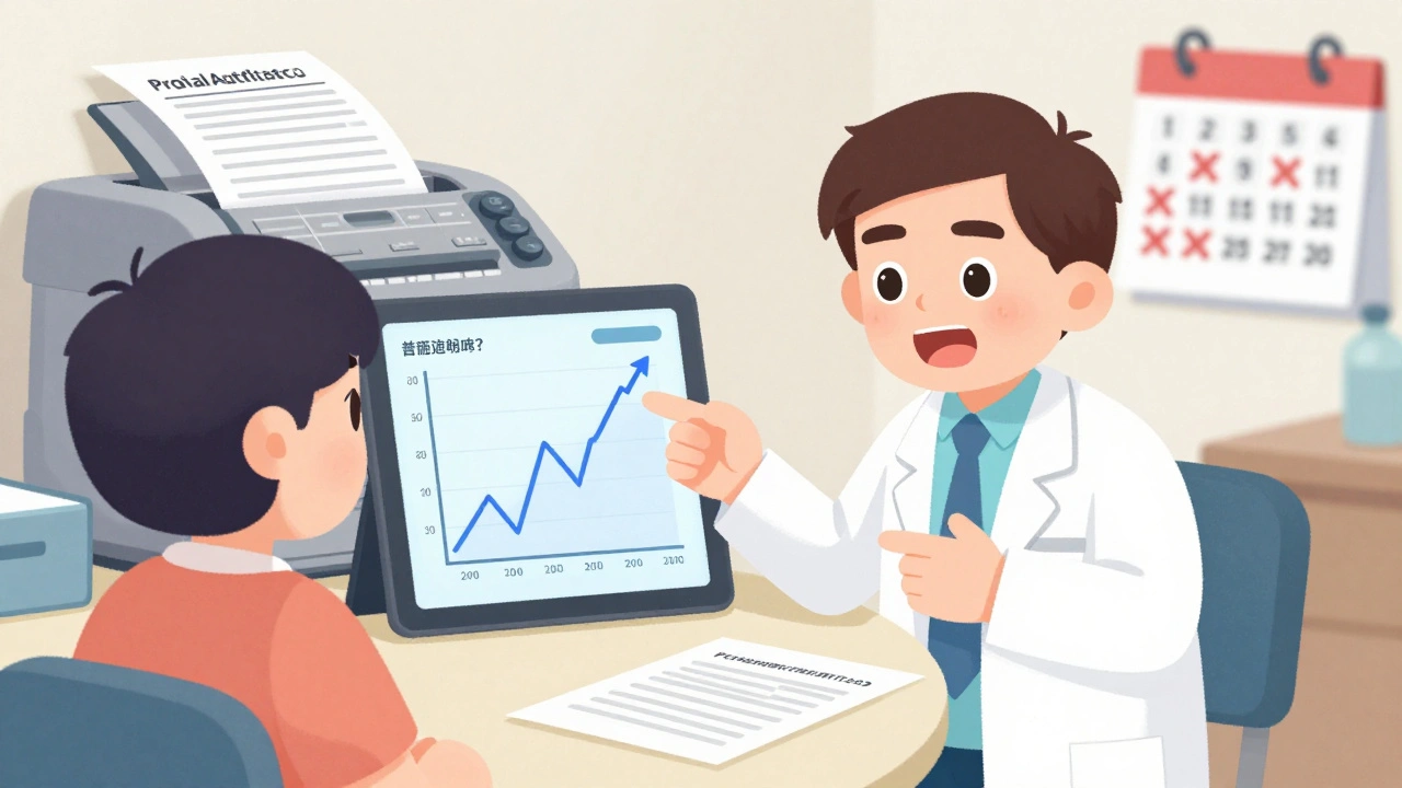 A doctor explains to a patient how switching to a generic drug caused more seizures, with prior authorization forms piling up in the background.