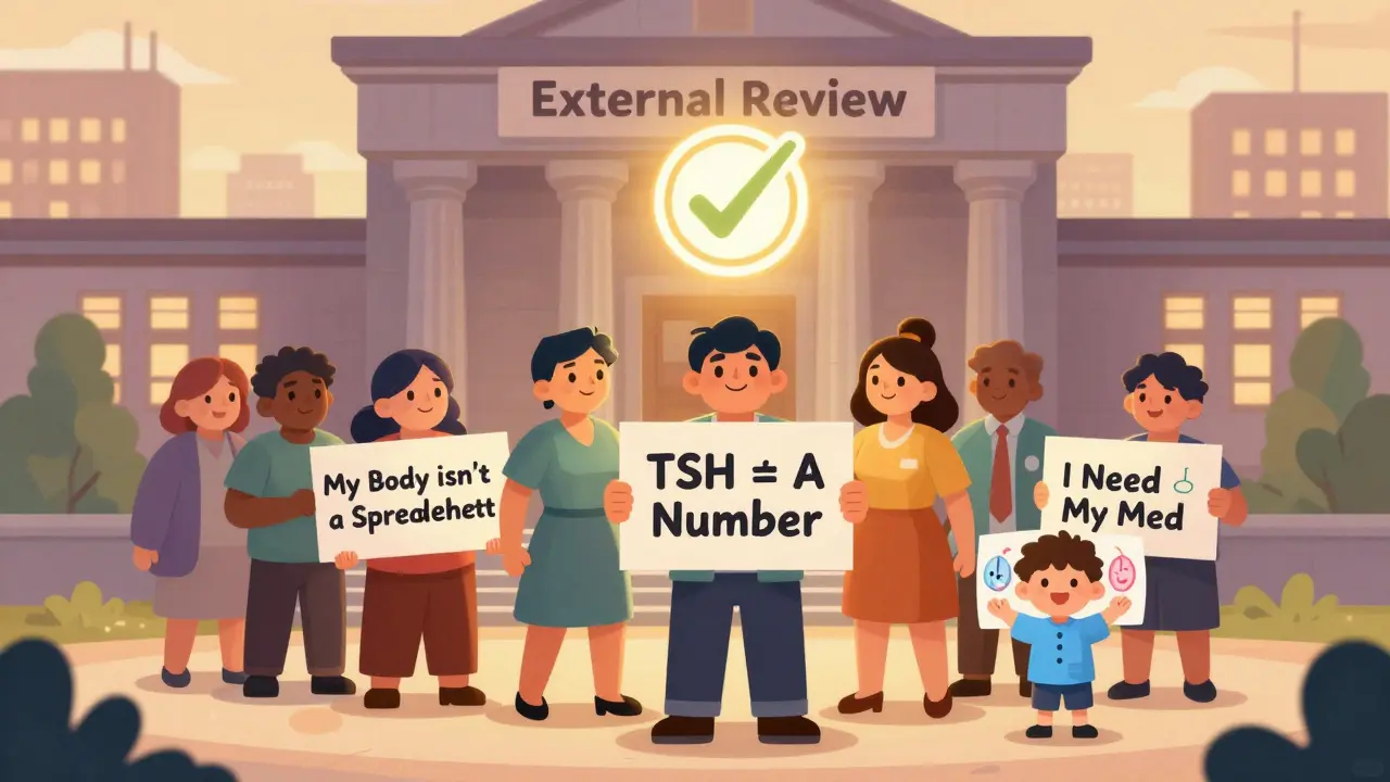 A group of people advocate for medication rights outside a courthouse, with a glowing approval stamp above them.