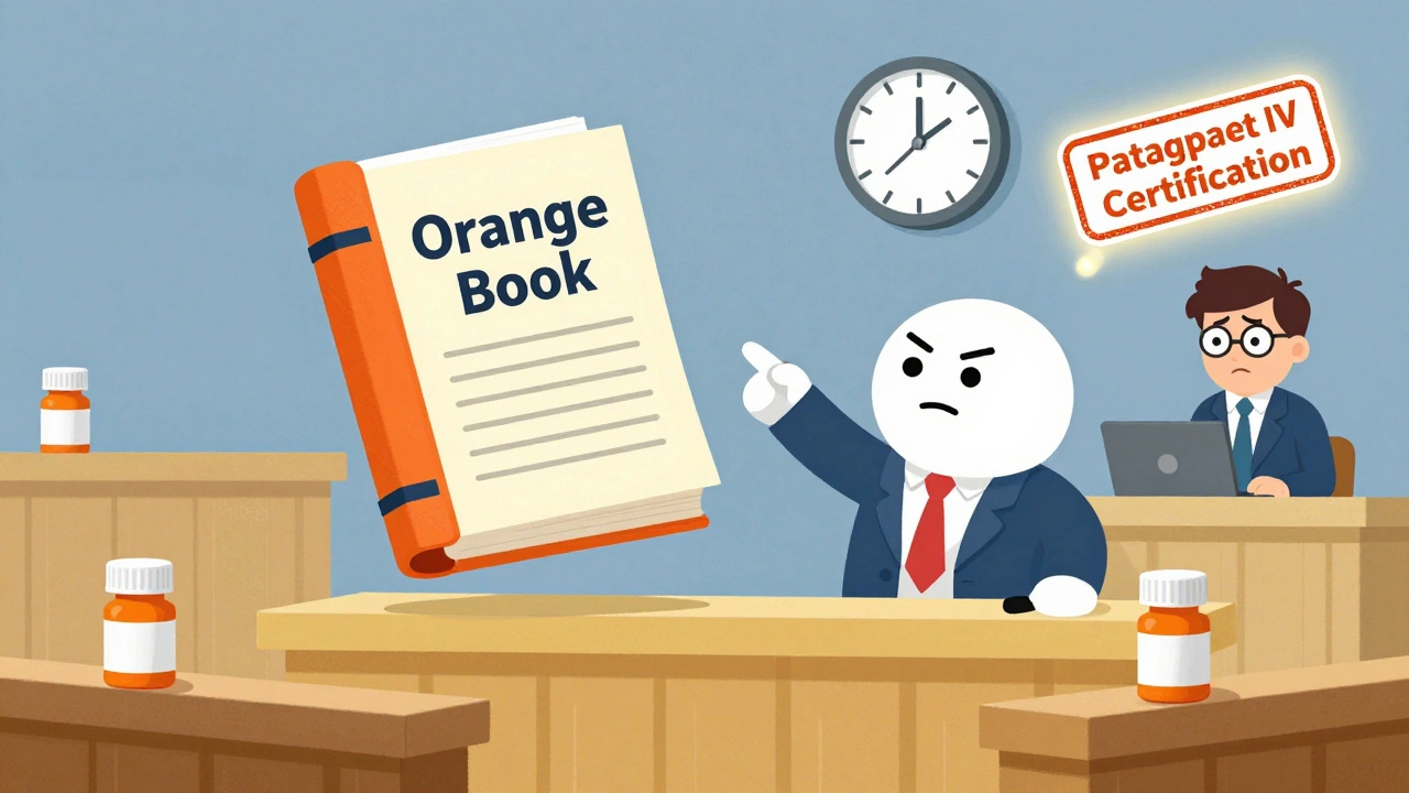 A lawyer pointing at the Orange Book in a courtroom filled with pill bottle benches and a glowing Paragraph IV stamp.