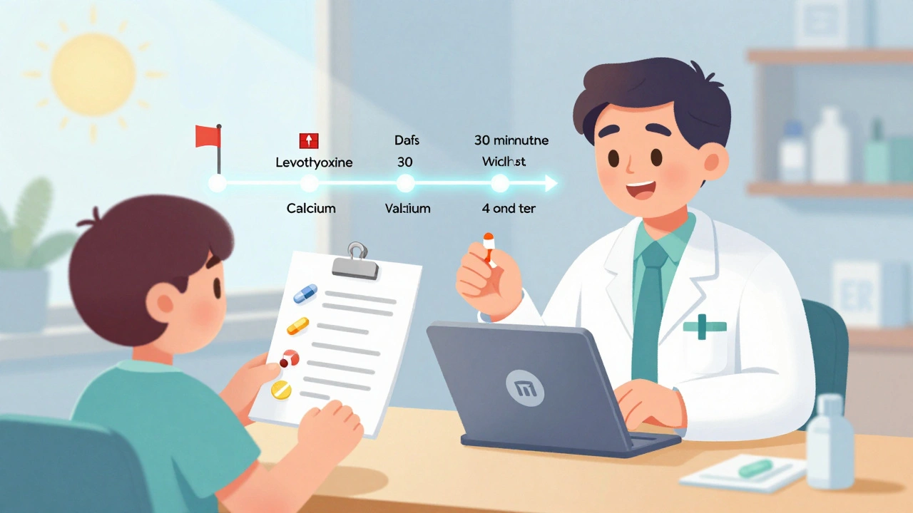 A patient hands a medication list to a pharmacist who enters it into a tablet app with a timeline for safe dosing.