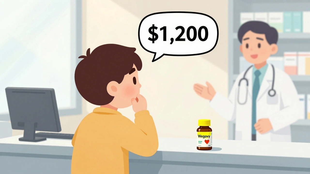 A person facing high drug costs at a pharmacy, with a hopeful figure in the background holding the medication.