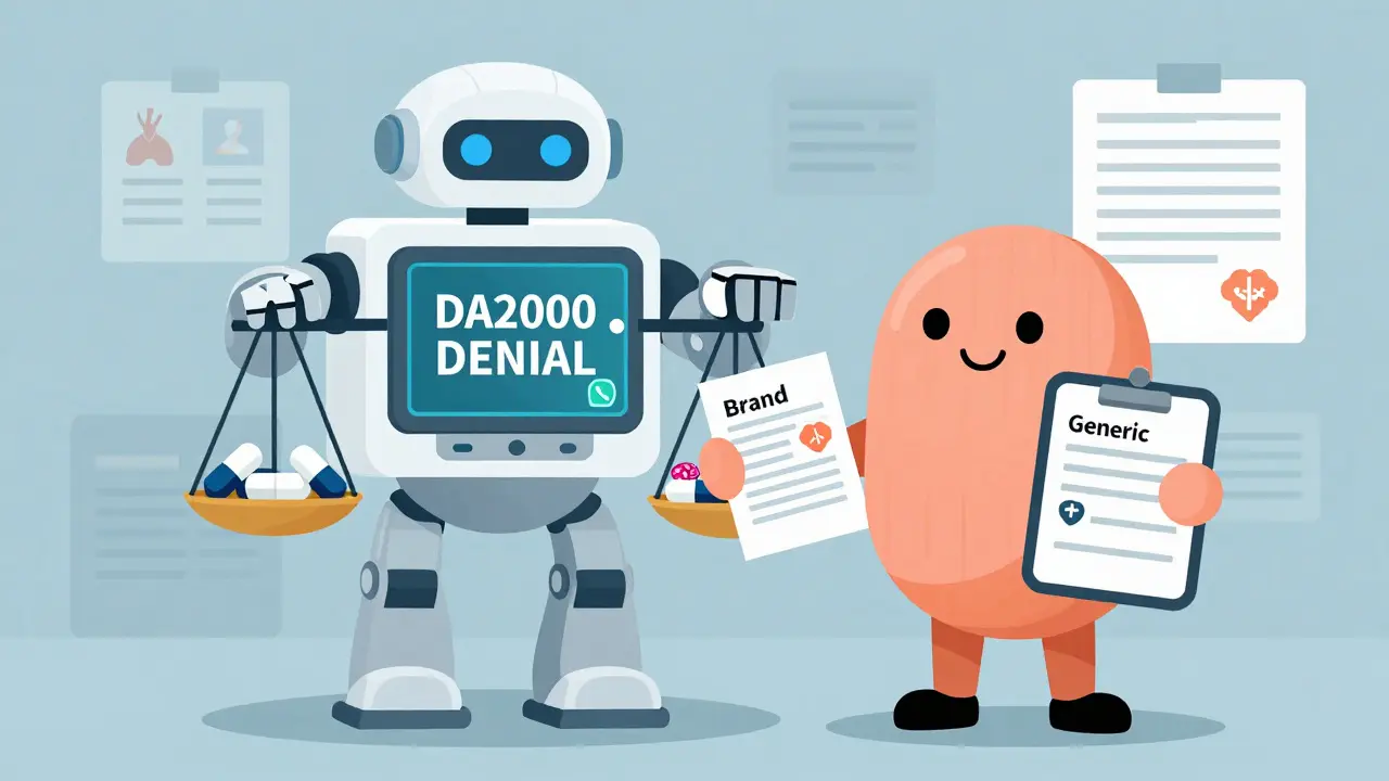 A person stands against a bureaucratic robot, holding medical evidence as a scale tips in favor of brand-name medication.