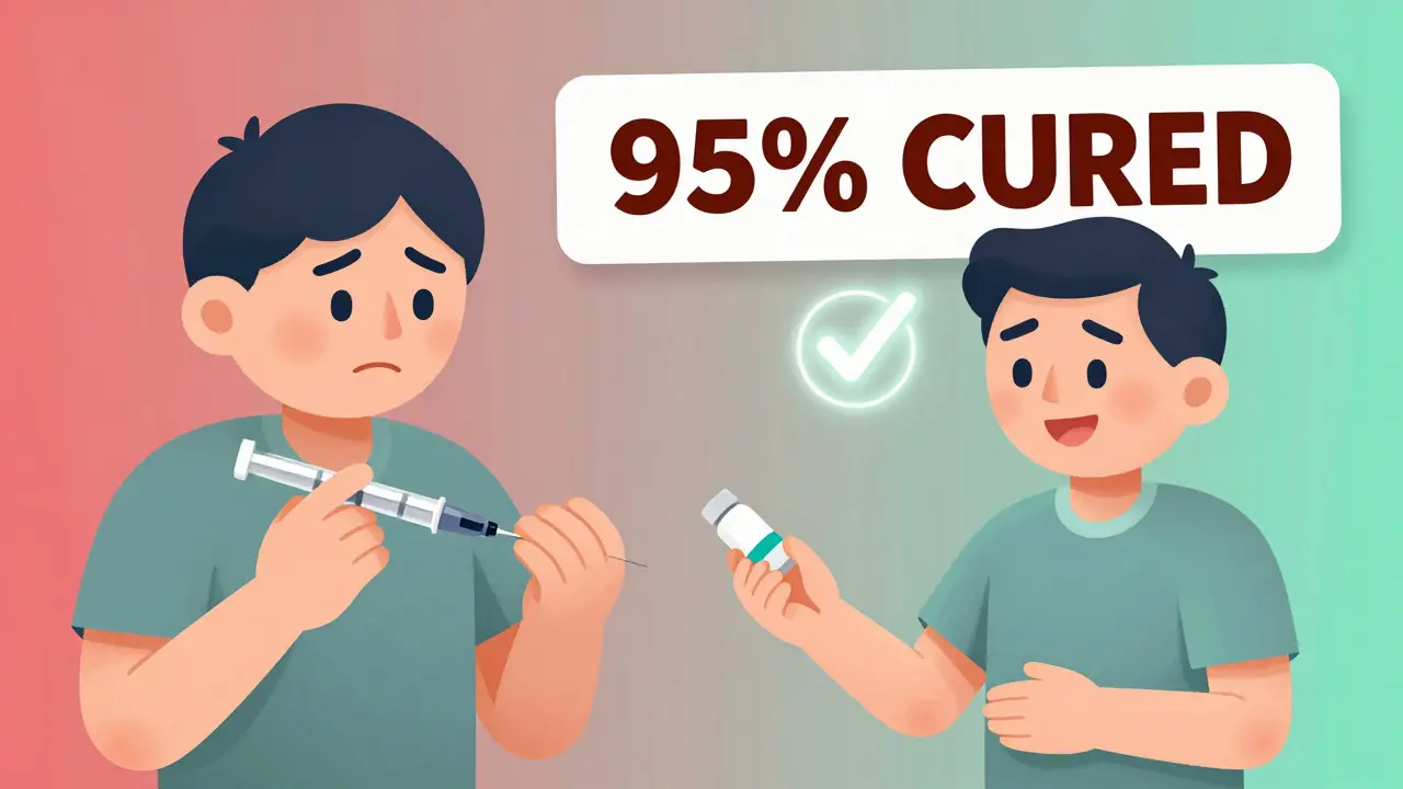 A person transitioning from risky drug use to receiving hepatitis C treatment pills with a cure indicator.