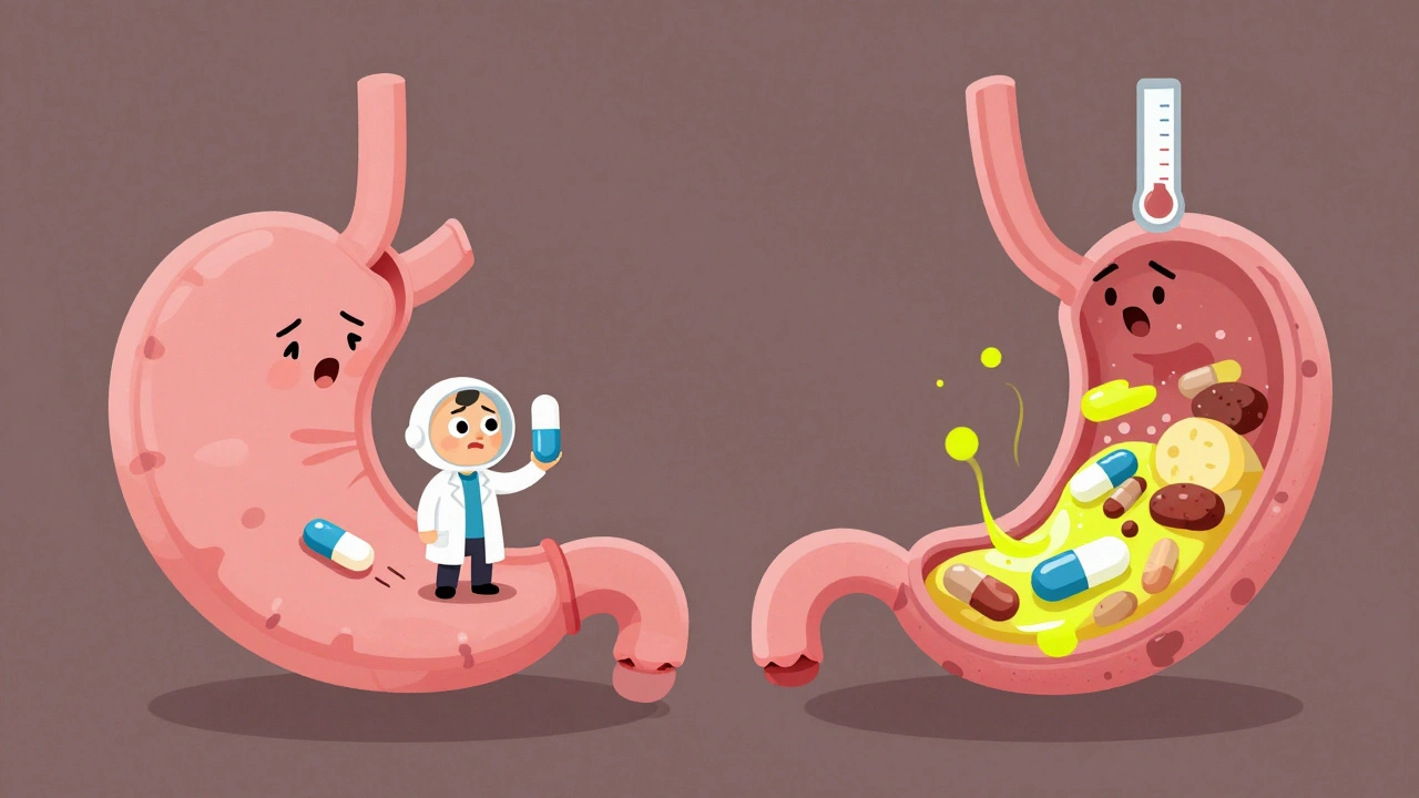 A scientist with a SmartPill inside a stylized stomach, contrasting empty and food-filled digestive environments.
