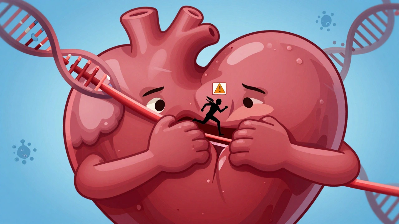 A thick-walled heart blocking blood flow, with genetic mutations and an athlete in the background.