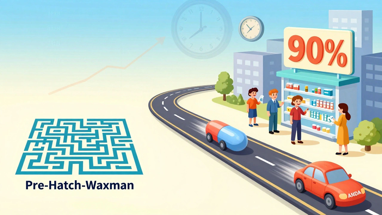 A timeline showing chaotic pre-1984 trials vs. a fast highway of generic pills leading to affordable medicine.