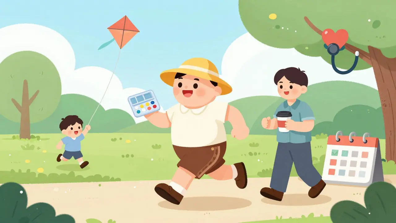 A transplant patient jogging in a park with a care partner, surrounded by symbols of everyday life and health.