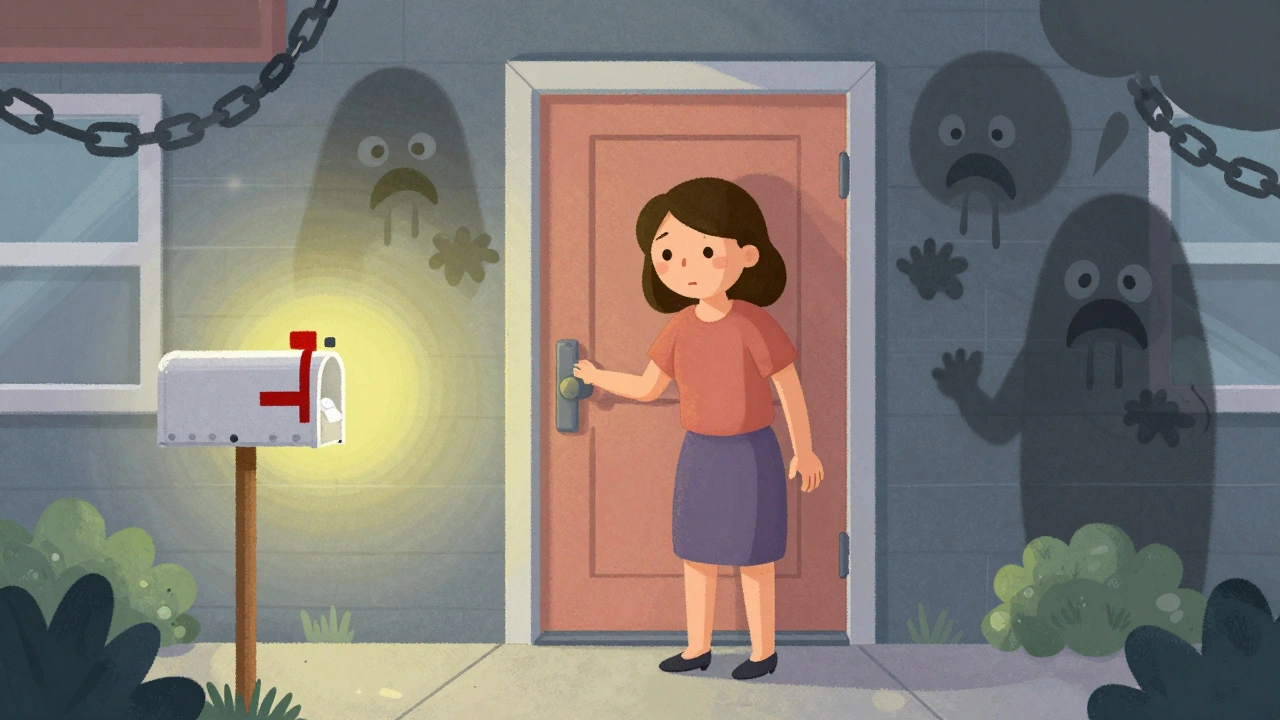 A woman hesitating at her front door, holding a pill bottle, with shadowy fears behind her and sunlight ahead.