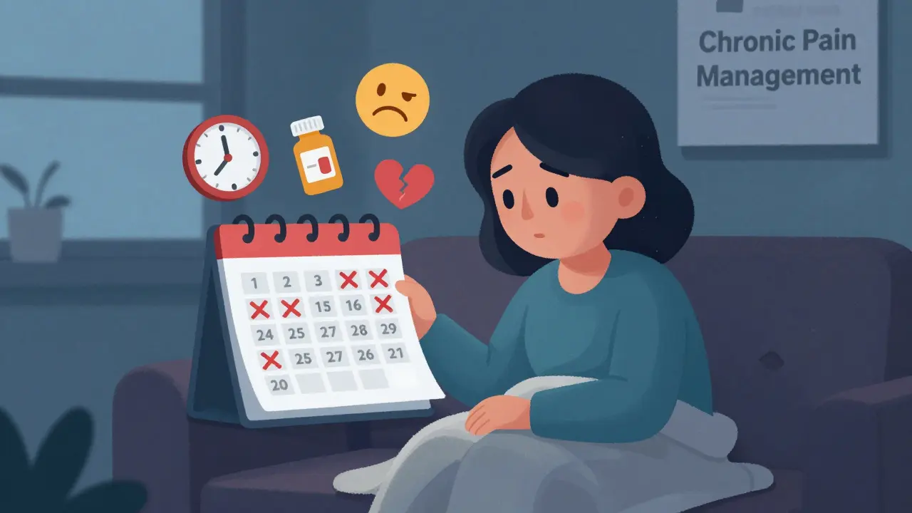 A woman stares at a calendar with missed periods, surrounded by symbols of opioid use and emotional strain.
