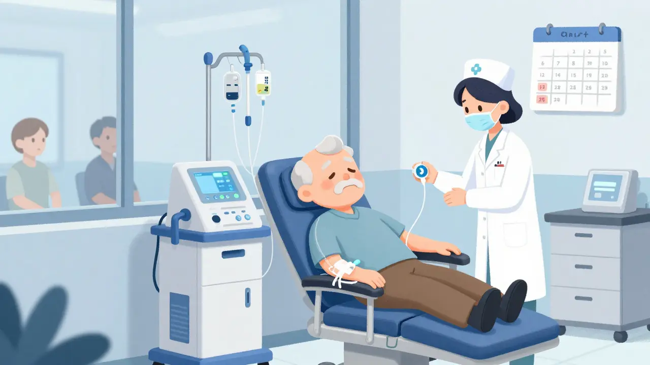 An elderly patient receiving hemodialysis in a clinic, looking tired while connected to a machine.