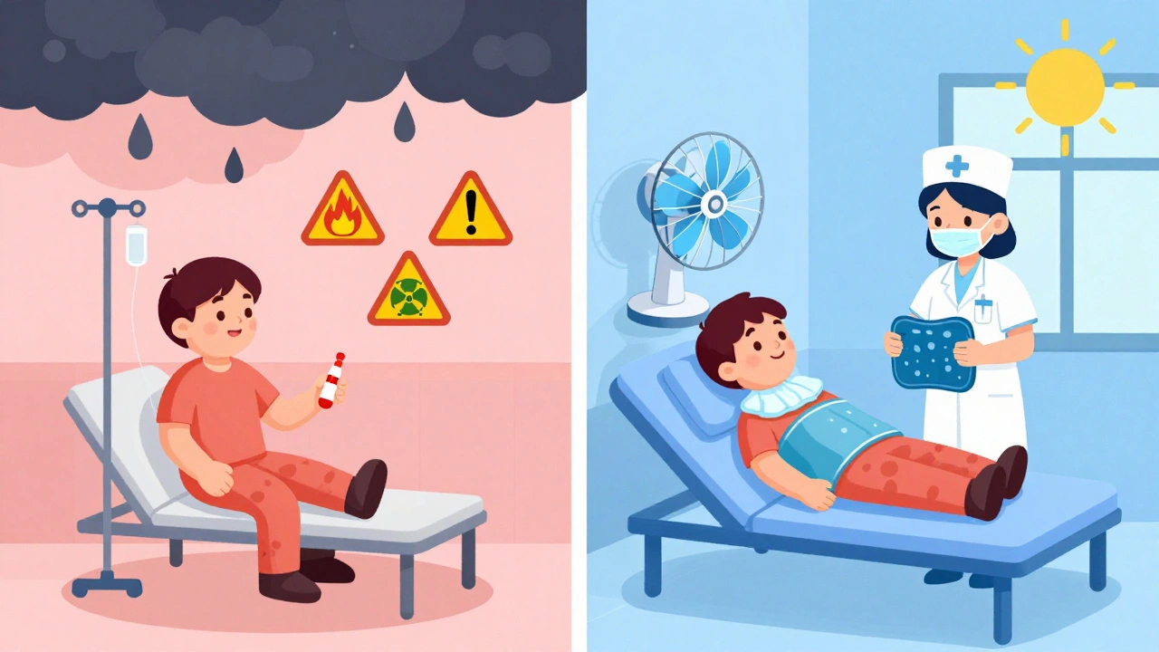 Contrasting scenes: person receiving unnecessary steroids vs. resting comfortably with cooling tools.