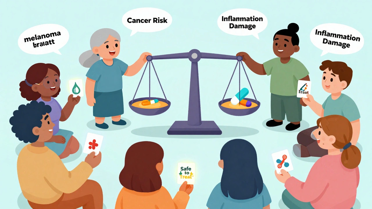 Diverse group of patients passing a 'Safe to Treat' badge while balancing cancer risk vs inflammation damage