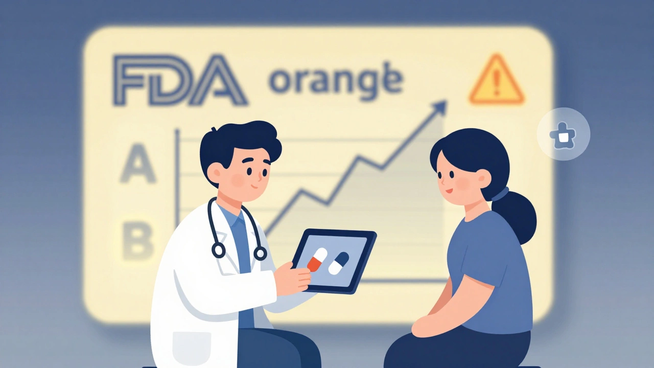 Doctor and patient reviewing a combo drug tablet, abnormal thyroid graph above them, FDA Orange Book in background.