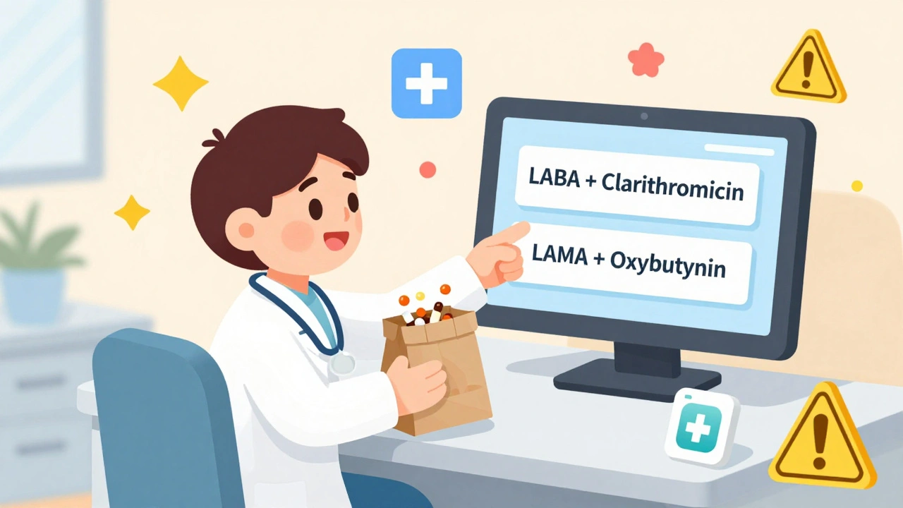 Doctor and patient reviewing medication interactions on a tablet at a clinic.