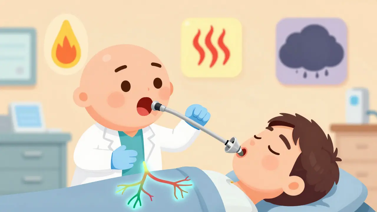 Doctor performing ERCP with endoscope, colorful bile ducts and tiny stone being removed.