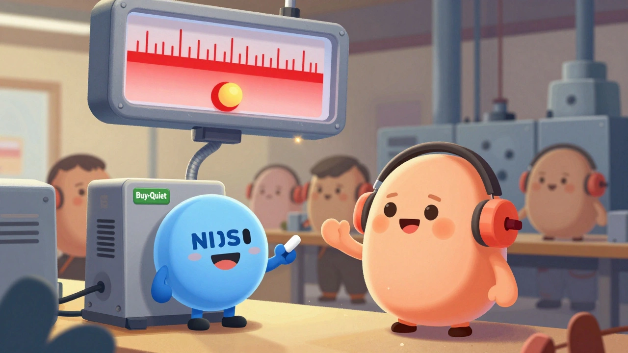 Factory workers with bad earplugs next to a quiet, labeled machine