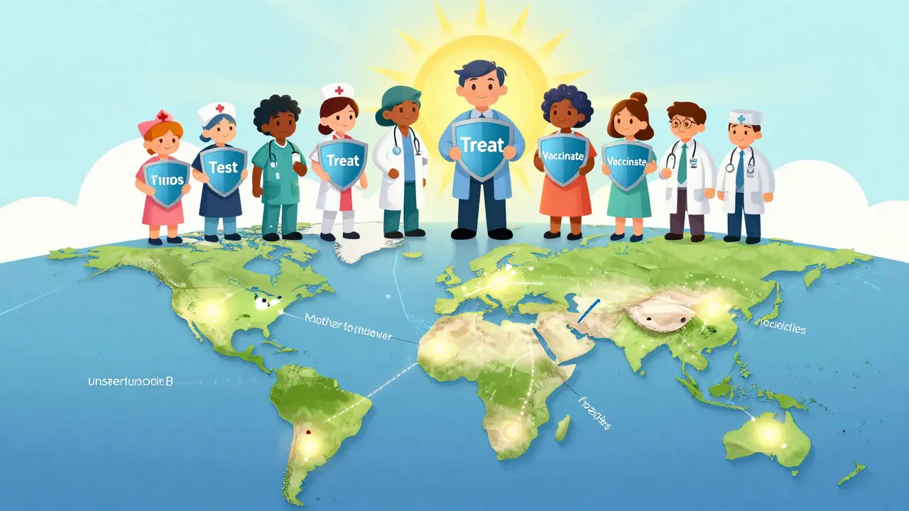 Global map showing hepatitis B transmission routes while healthcare workers promote testing and vaccination.