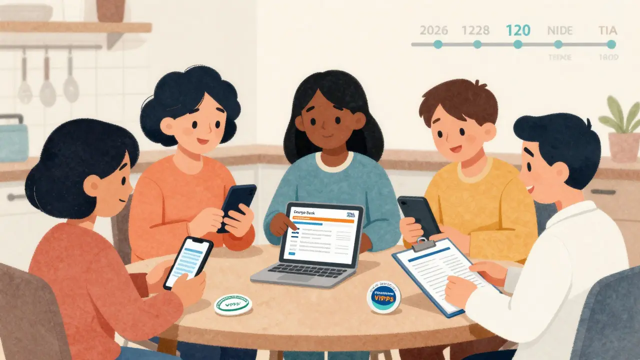 Group of people using phones to verify medications with FDA databases and a VIPPS badge visible.