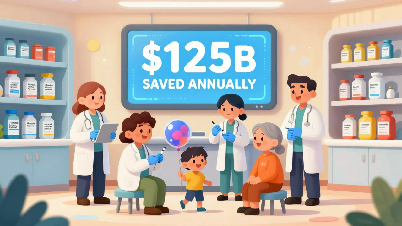 Happy patients receiving biosimilars in a clinic with a '5B Saved Annually' screen in the background.