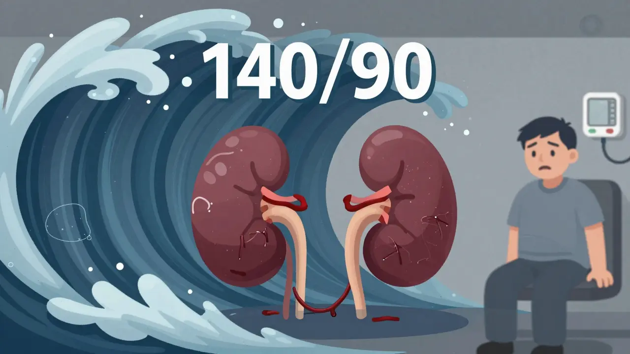 Kidneys under pressure from giant waves, blood vessels cracking, in soft cartoon illustration style.