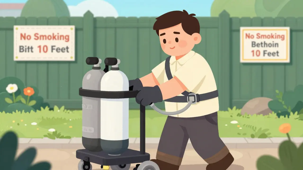 Man walking in garden with portable oxygen tank secured to cart and safety sign visible.