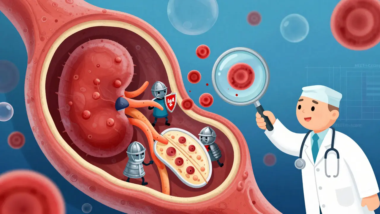 Microscopic immune knights attacking kidney filters, with red blood cells escaping, cartoon medical scene.
