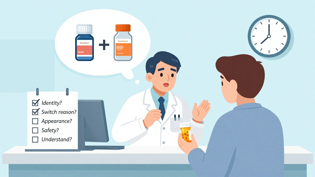 Patient explains medication understanding to pharmacist, with a cartoon body showing identical drug action for both pill types.