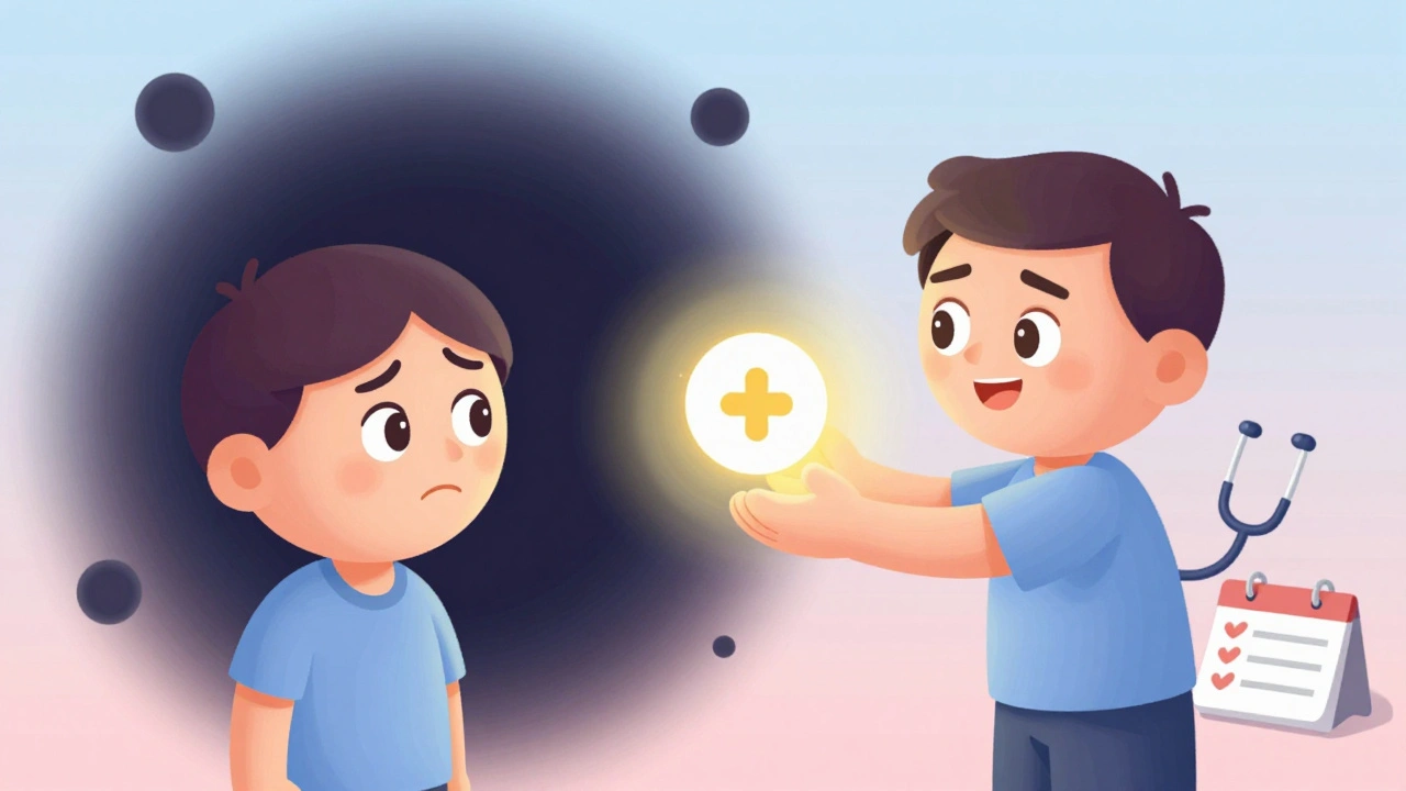 Patient facing melanoma shadow, gently pushed away by a soothing biologic drug icon