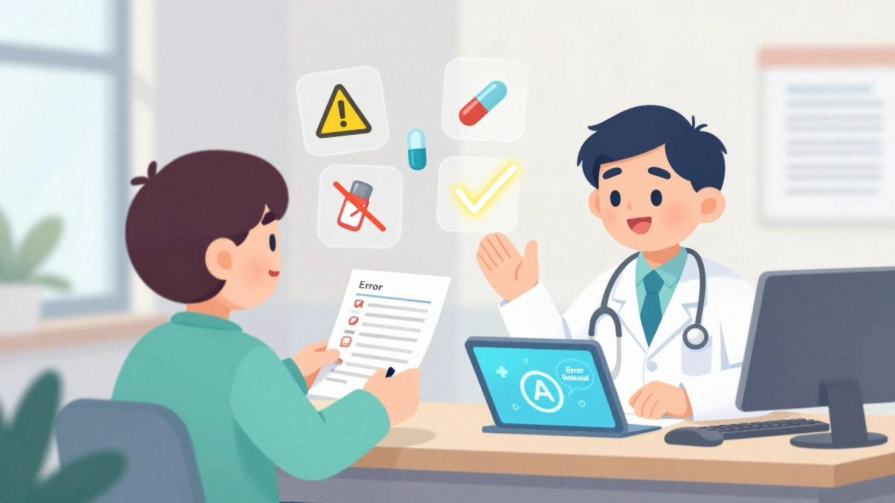 Patient reviewing medication list with doctor while warning icons disappear
